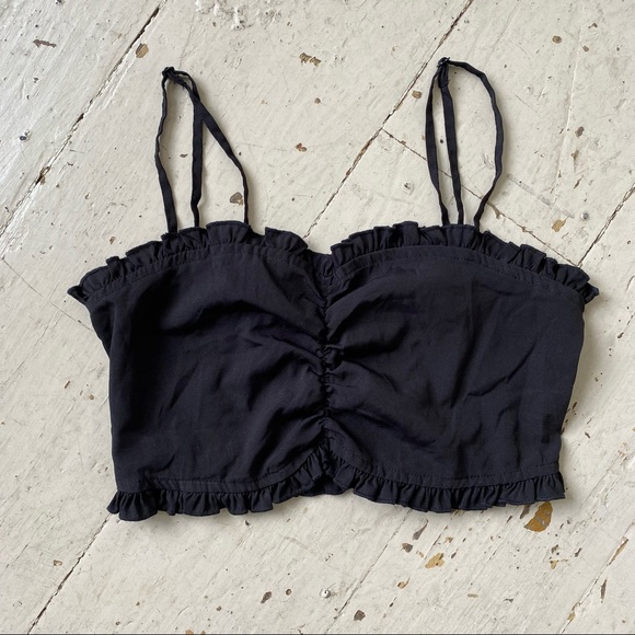 UO Black Ruched Ruffle Cropped Tube Top Adjustable Straps - Picture 3 of 11